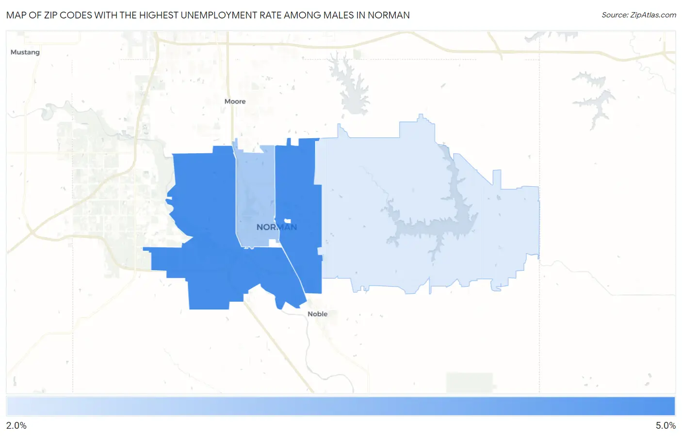 Zip Codes with the Highest Unemployment Rate Among Males in Norman Map