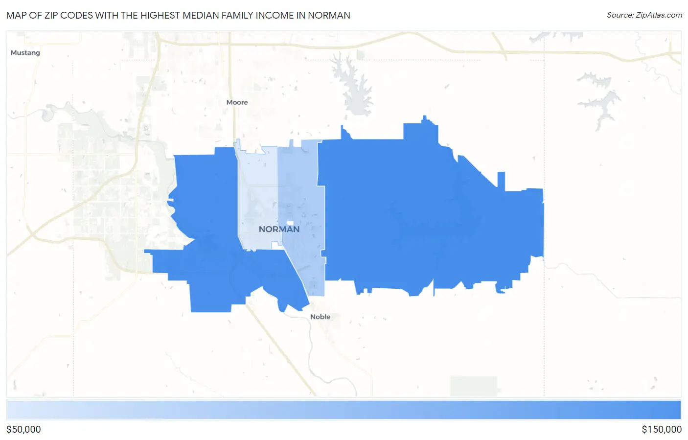 Zip Codes with the Highest Median Family Income in Norman Map
