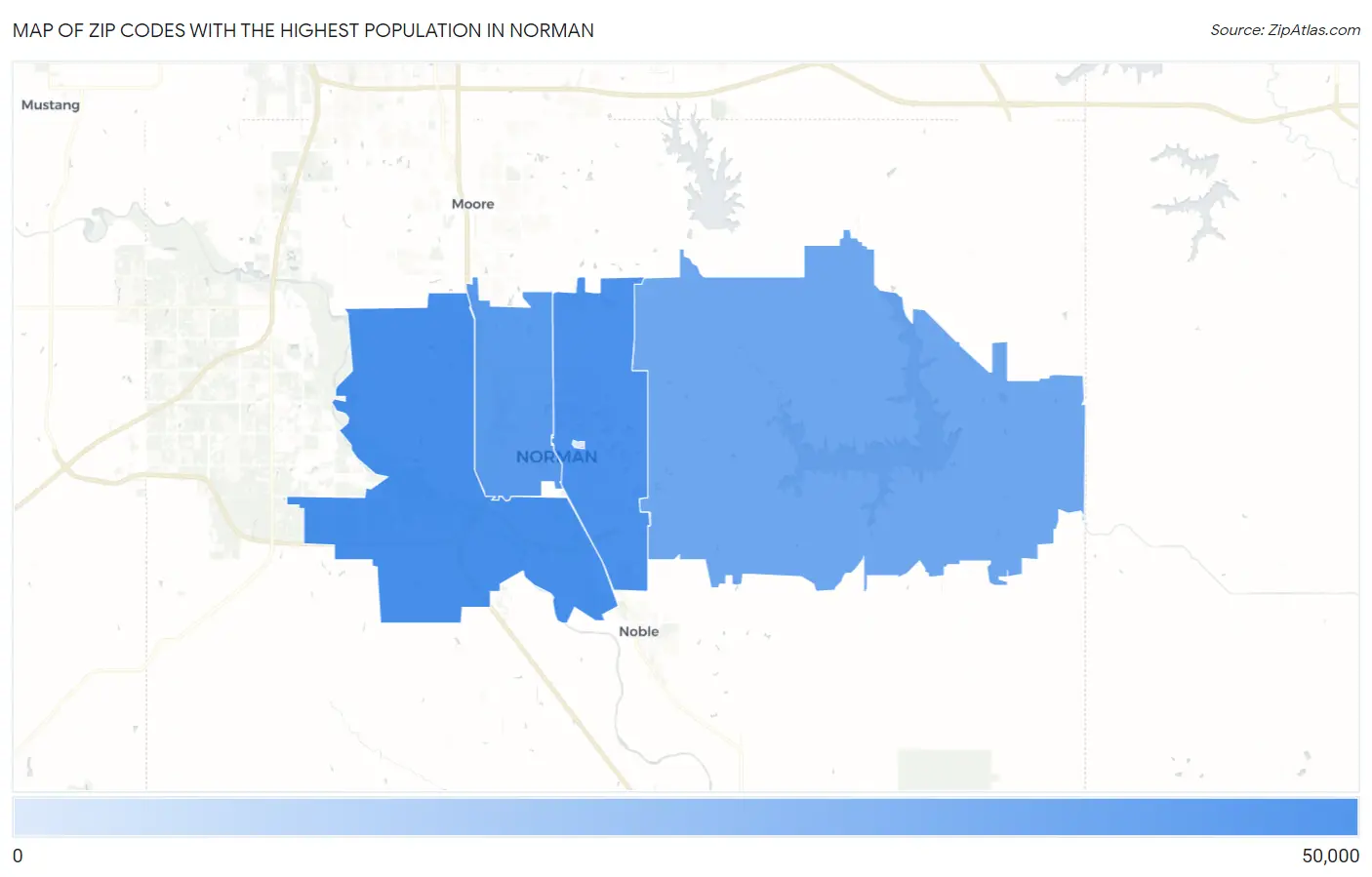 Zip Codes with the Highest Population in Norman Map