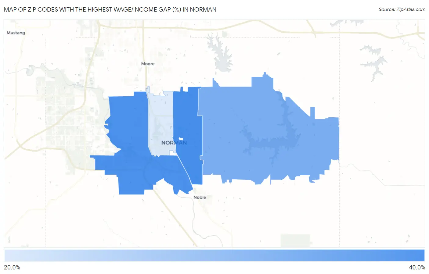 Zip Codes with the Highest Wage/Income Gap (%) in Norman Map