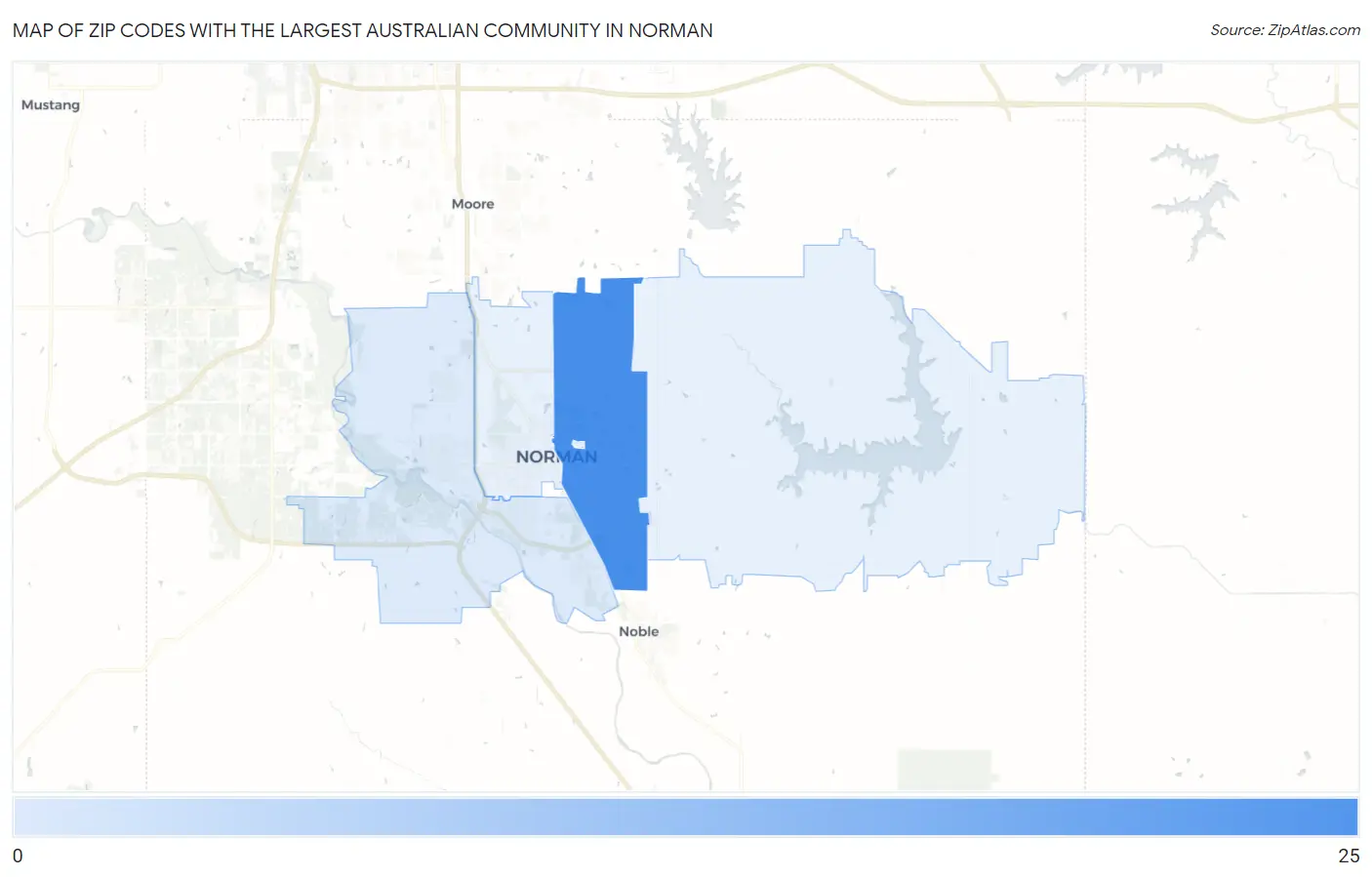 Zip Codes with the Largest Australian Community in Norman Map