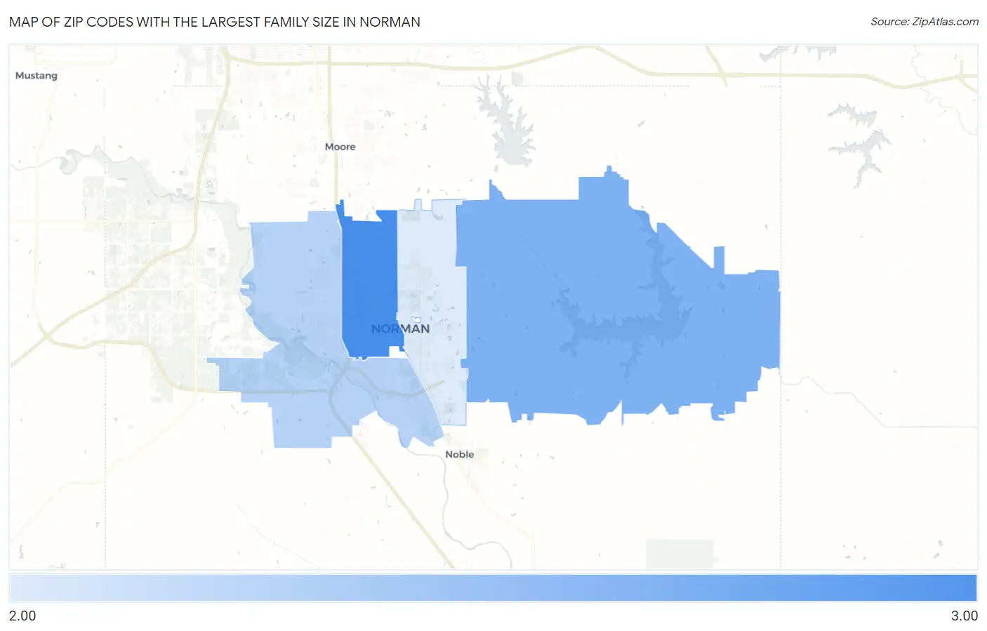 Zip Codes with the Largest Family Size in Norman Map