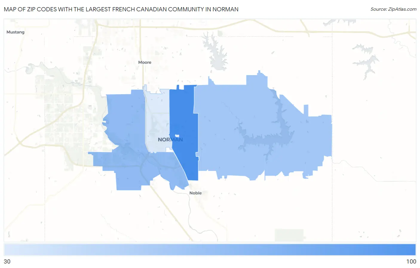 Zip Codes with the Largest French Canadian Community in Norman Map