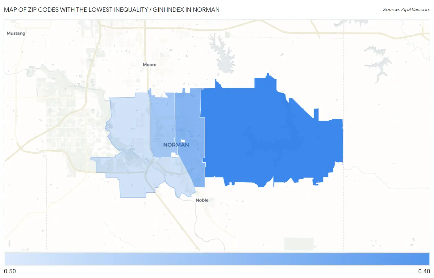 Zip Codes with the Lowest Inequality / Gini Index in Norman Map