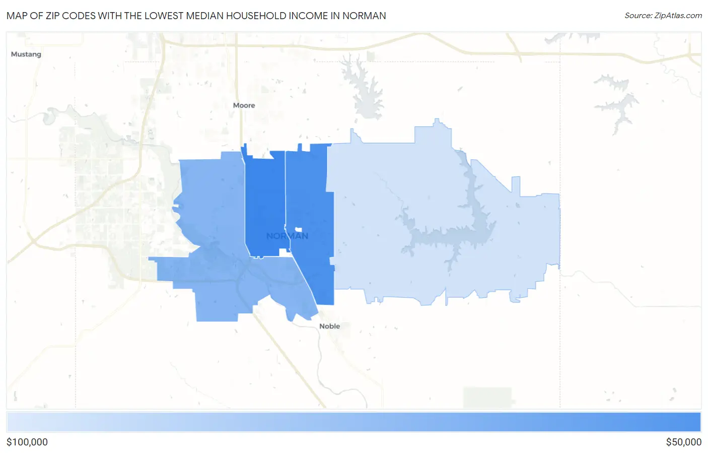 Zip Codes with the Lowest Median Household Income in Norman Map