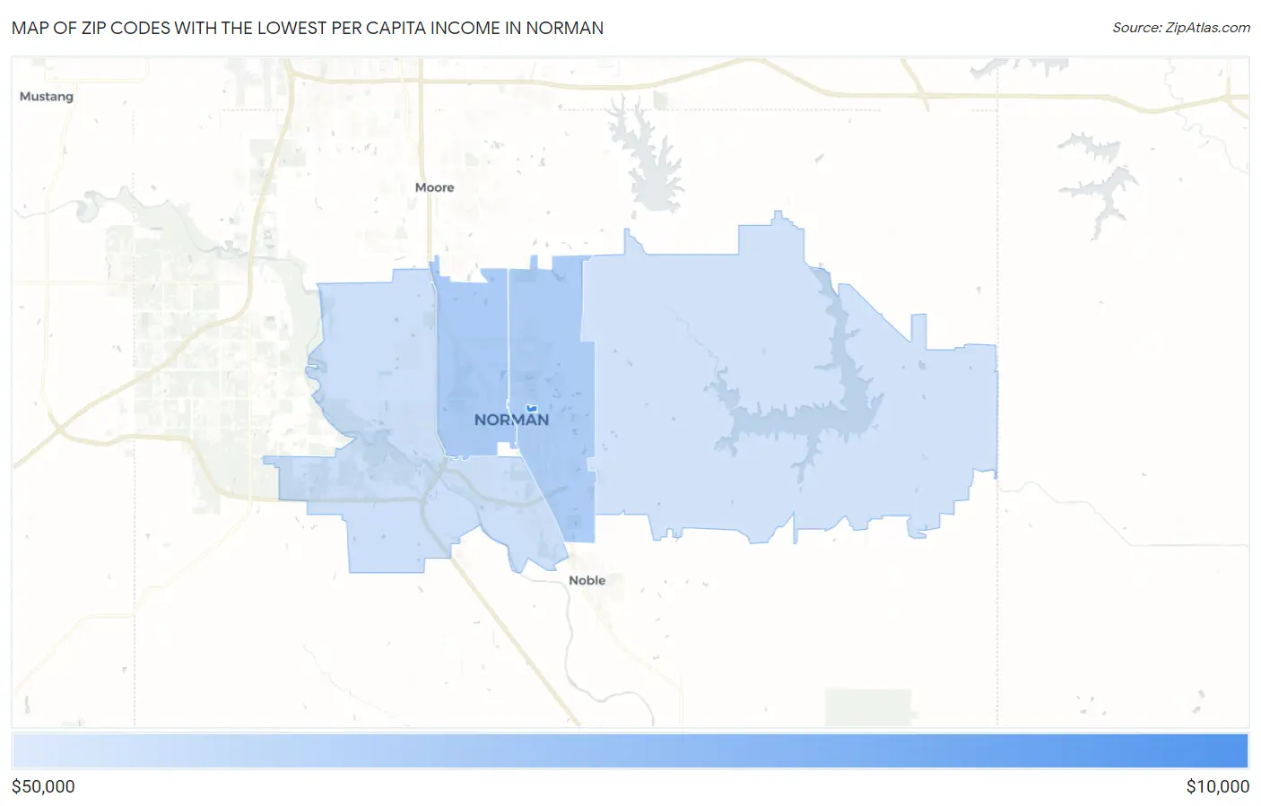 Zip Codes with the Lowest Per Capita Income in Norman Map