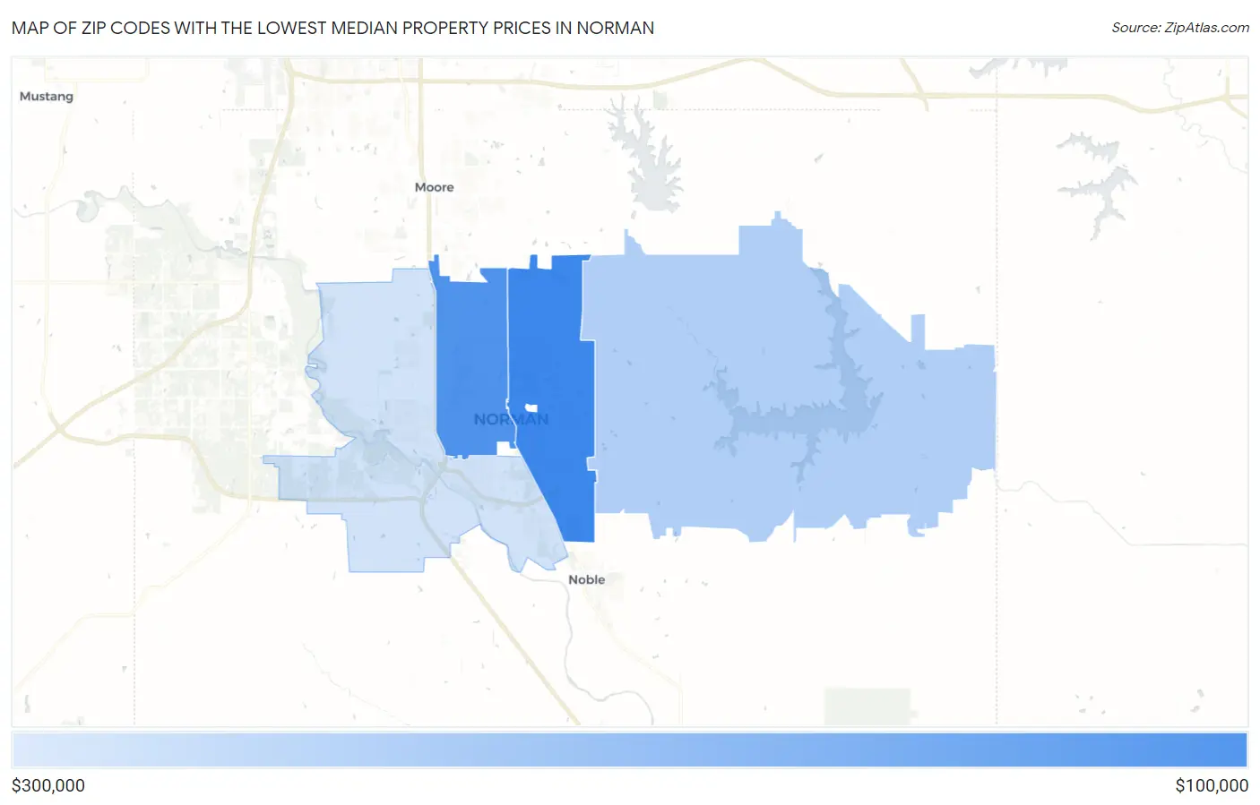 Zip Codes with the Lowest Median Property Prices in Norman Map