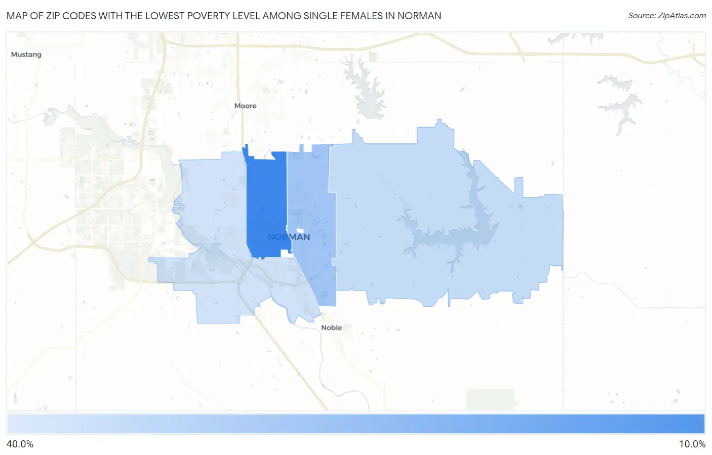 Zip Codes with the Lowest Poverty Level Among Single Females in Norman Map