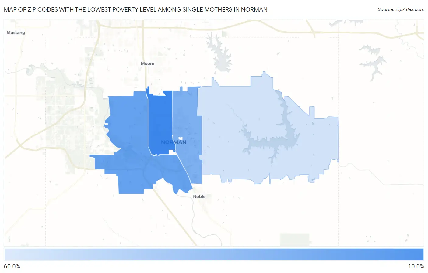 Zip Codes with the Lowest Poverty Level Among Single Mothers in Norman Map