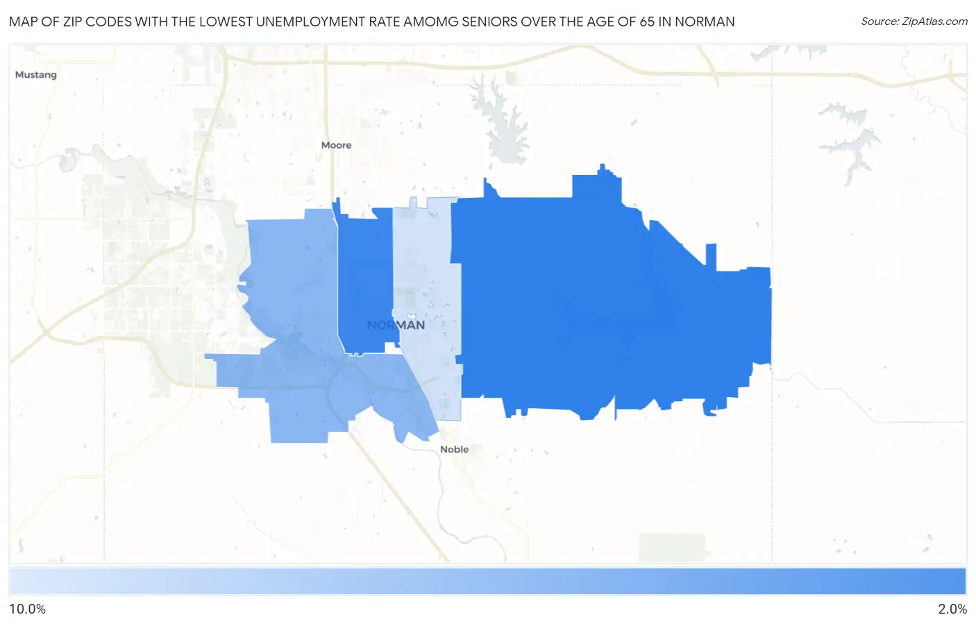 Zip Codes with the Lowest Unemployment Rate Amomg Seniors Over the Age of 65 in Norman Map