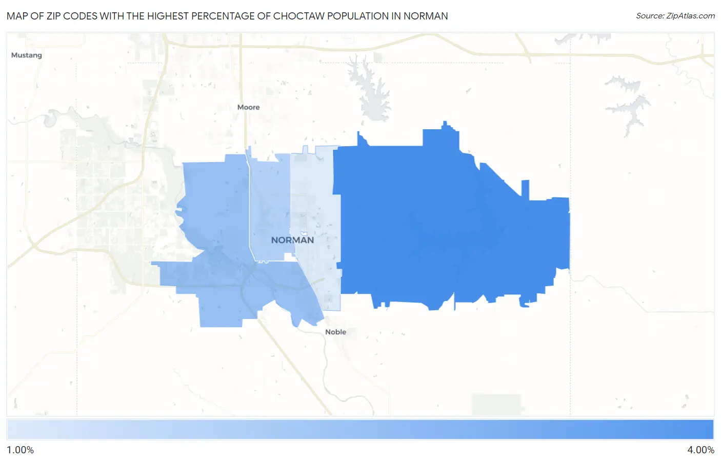 Zip Codes with the Highest Percentage of Choctaw Population in Norman Map