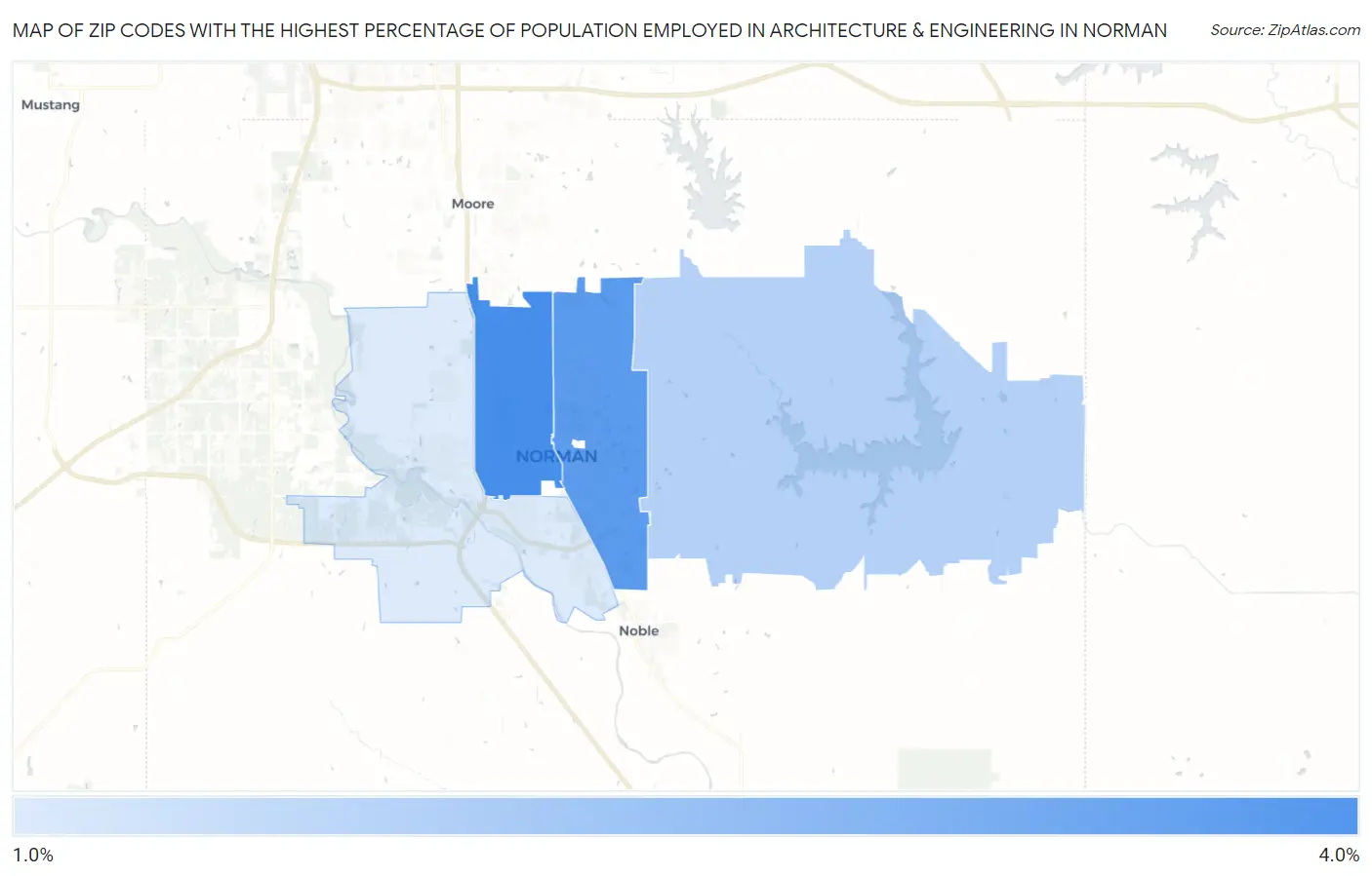 Zip Codes with the Highest Percentage of Population Employed in Architecture & Engineering in Norman Map