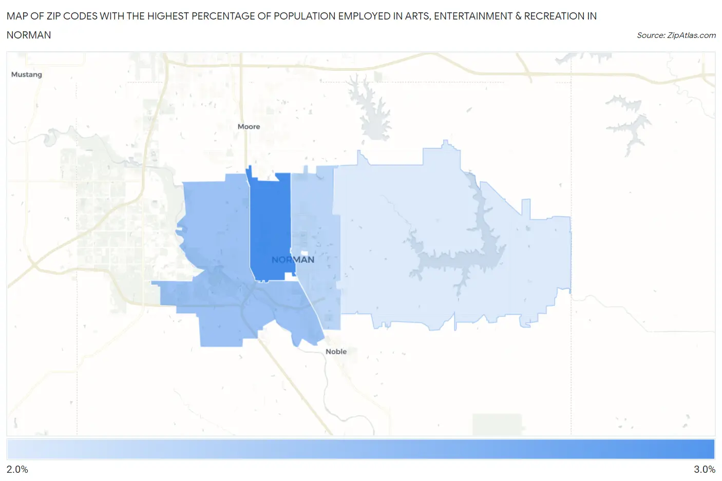 Zip Codes with the Highest Percentage of Population Employed in Arts, Entertainment & Recreation in Norman Map