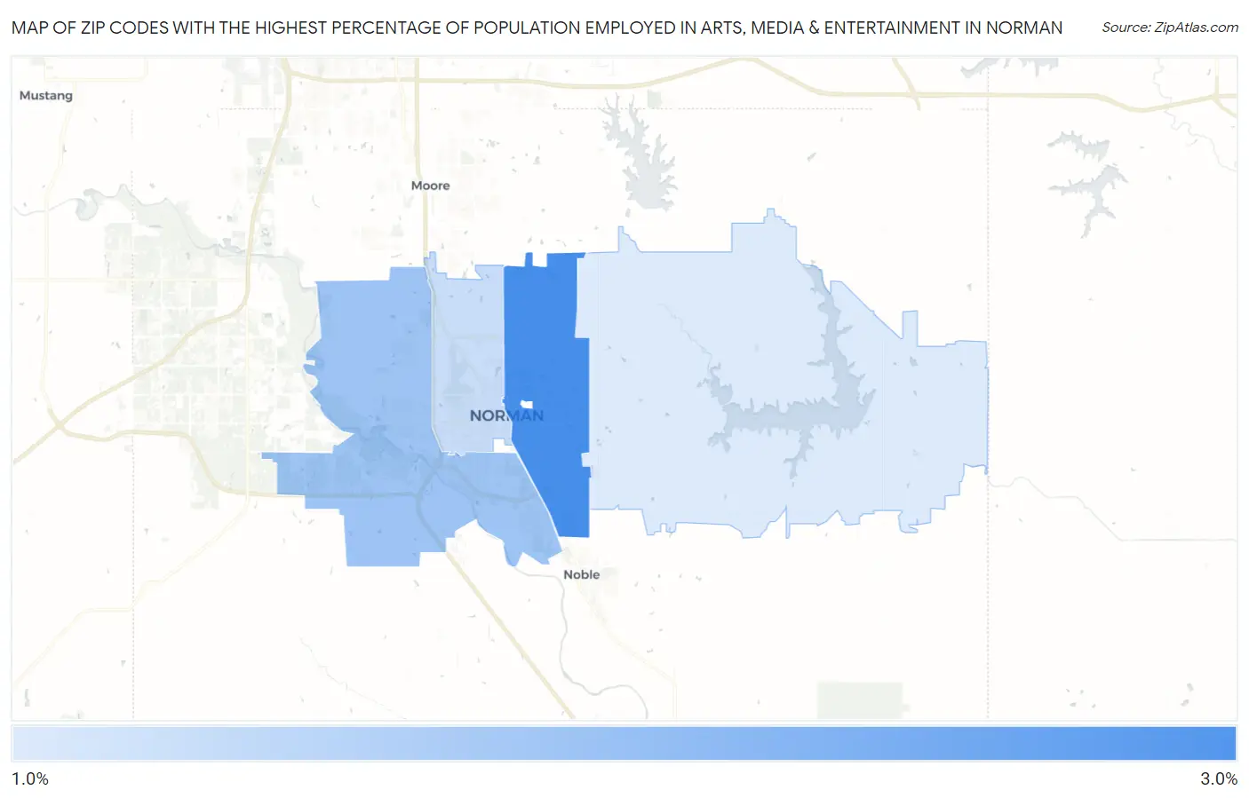 Zip Codes with the Highest Percentage of Population Employed in Arts, Media & Entertainment in Norman Map