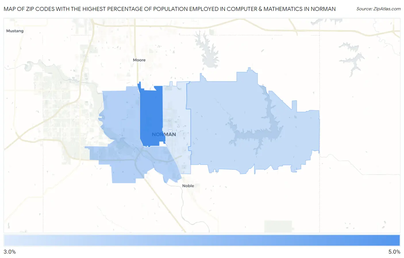 Zip Codes with the Highest Percentage of Population Employed in Computer & Mathematics in Norman Map