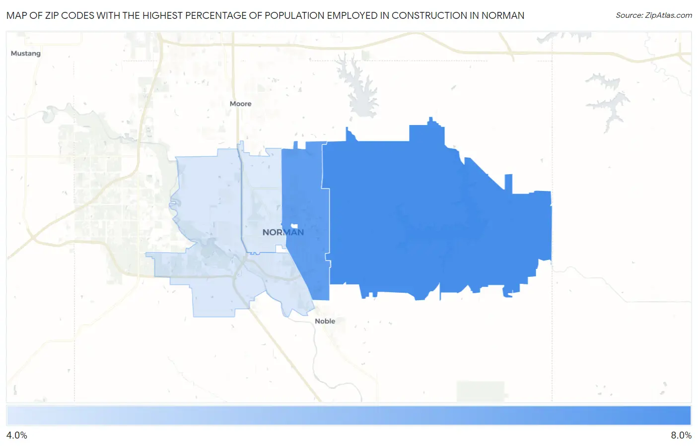 Zip Codes with the Highest Percentage of Population Employed in Construction in Norman Map