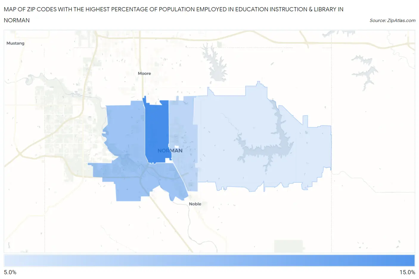 Zip Codes with the Highest Percentage of Population Employed in Education Instruction & Library in Norman Map