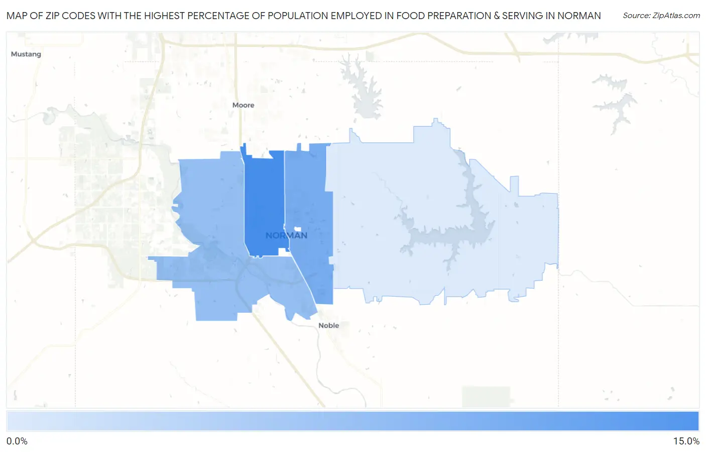 Zip Codes with the Highest Percentage of Population Employed in Food Preparation & Serving in Norman Map