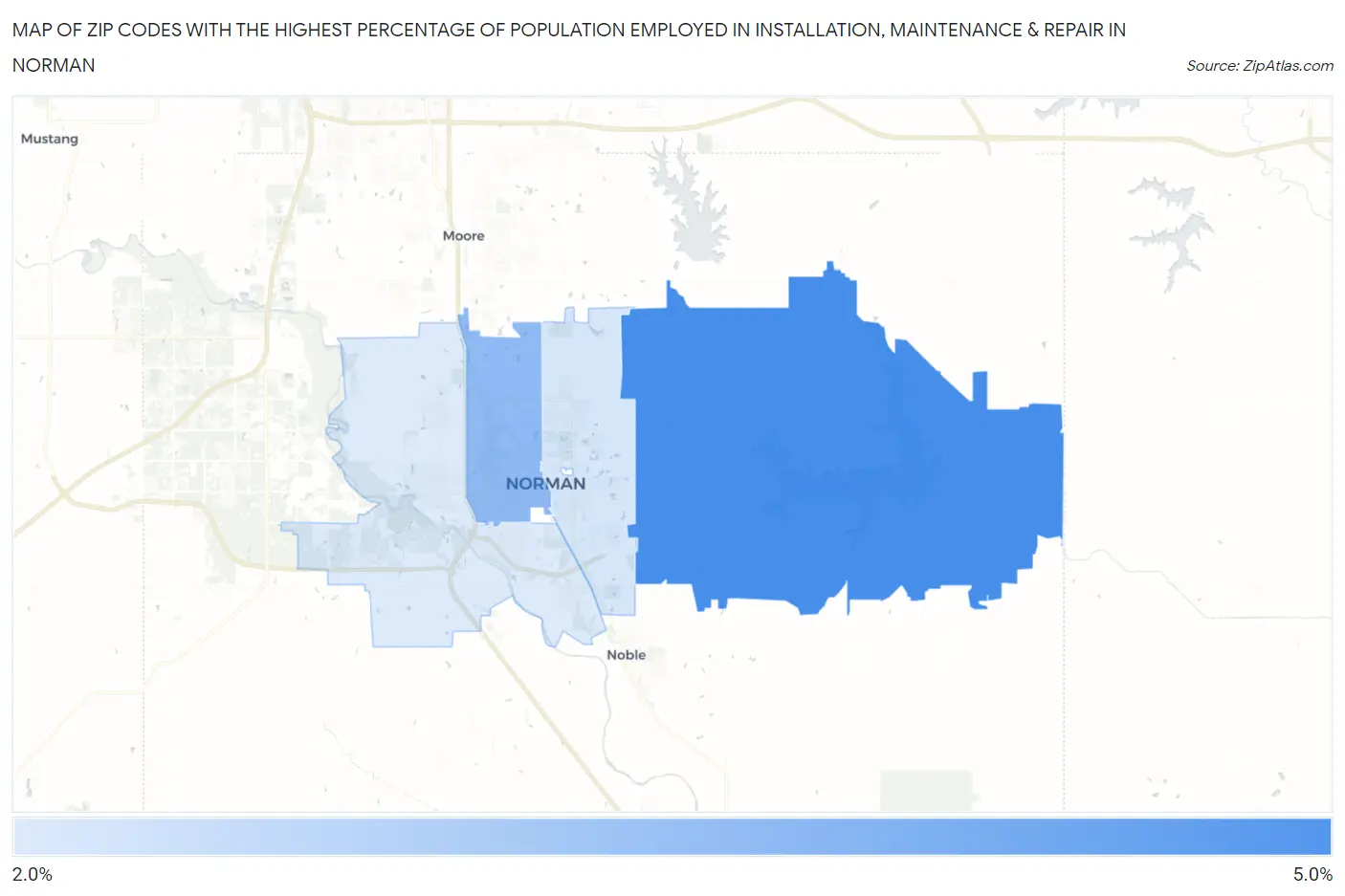Zip Codes with the Highest Percentage of Population Employed in Installation, Maintenance & Repair in Norman Map