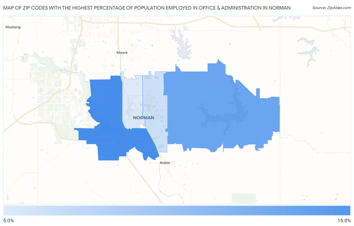 Zip Codes with the Highest Percentage of Population Employed in Office & Administration in Norman Map