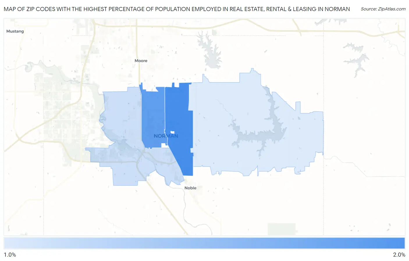 Zip Codes with the Highest Percentage of Population Employed in Real Estate, Rental & Leasing in Norman Map