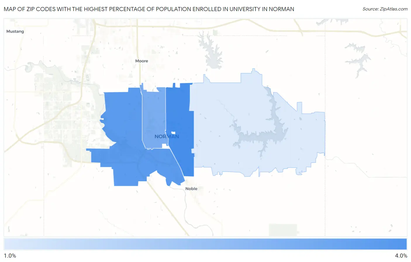 Zip Codes with the Highest Percentage of Population Enrolled in University in Norman Map