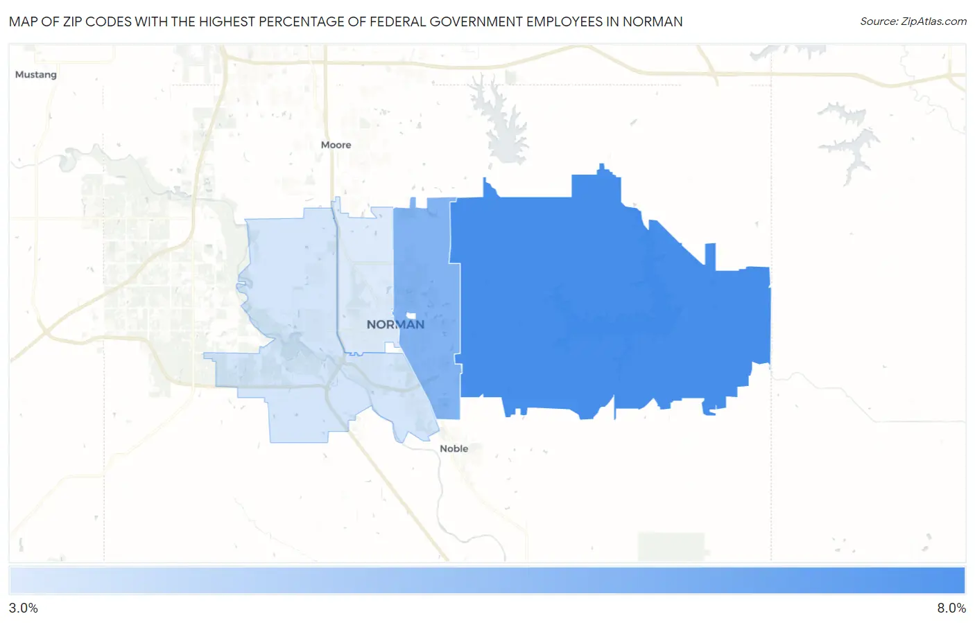 Zip Codes with the Highest Percentage of Federal Government Employees in Norman Map