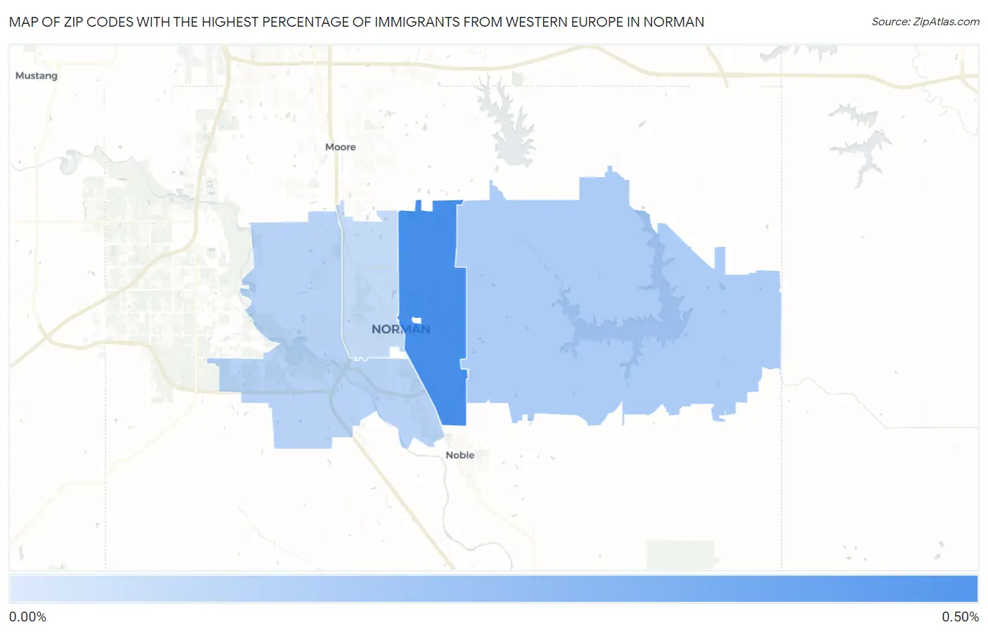 Zip Codes with the Highest Percentage of Immigrants from Western Europe in Norman Map