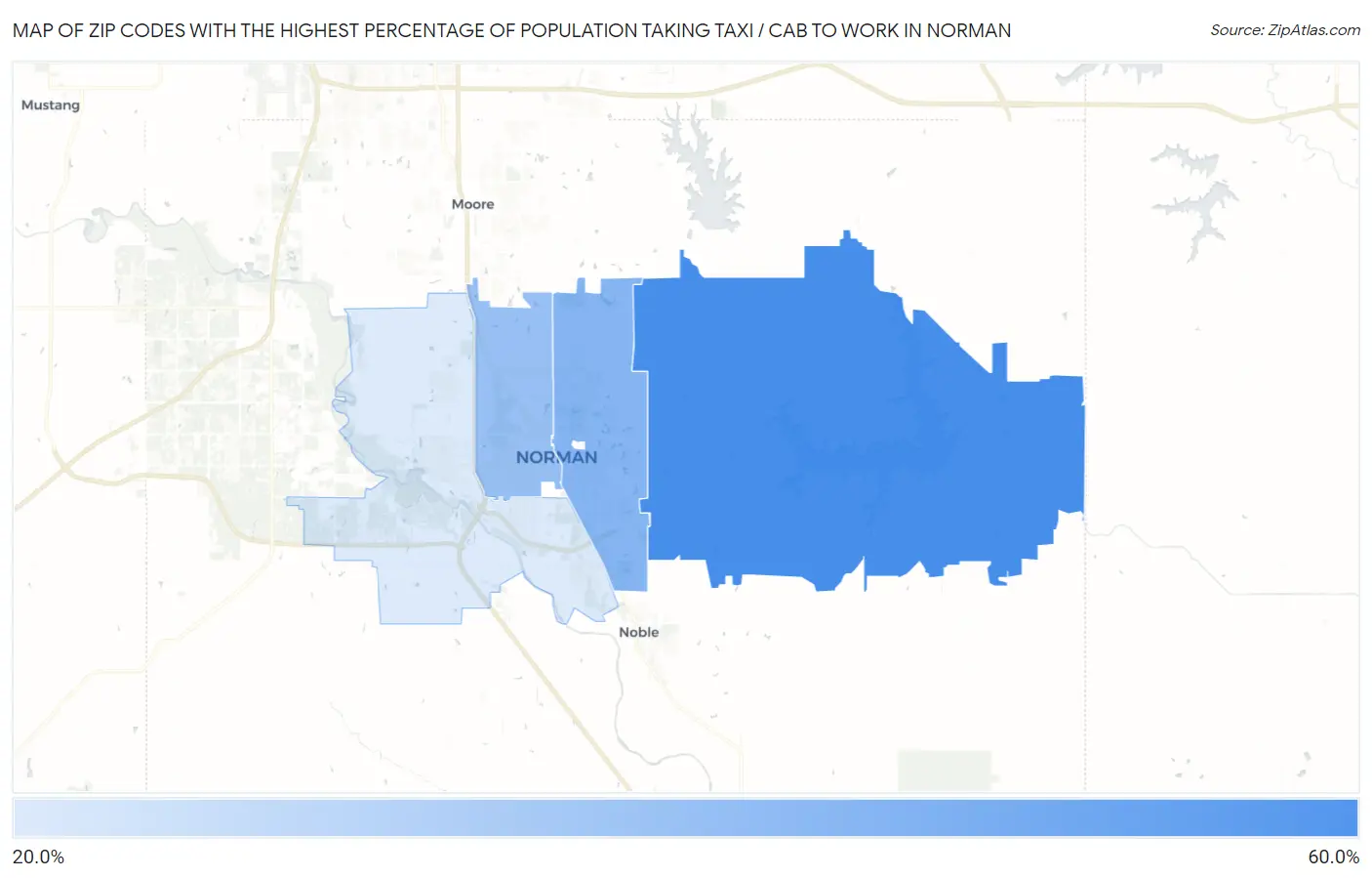 Zip Codes with the Highest Percentage of Population Taking Taxi / Cab to Work in Norman Map