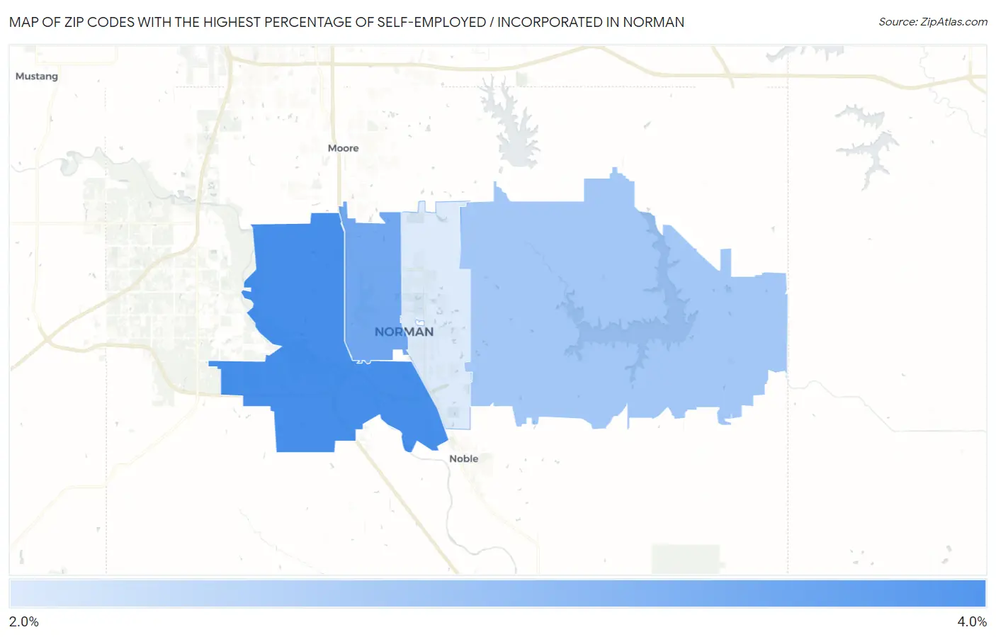 Zip Codes with the Highest Percentage of Self-Employed / Incorporated in Norman Map