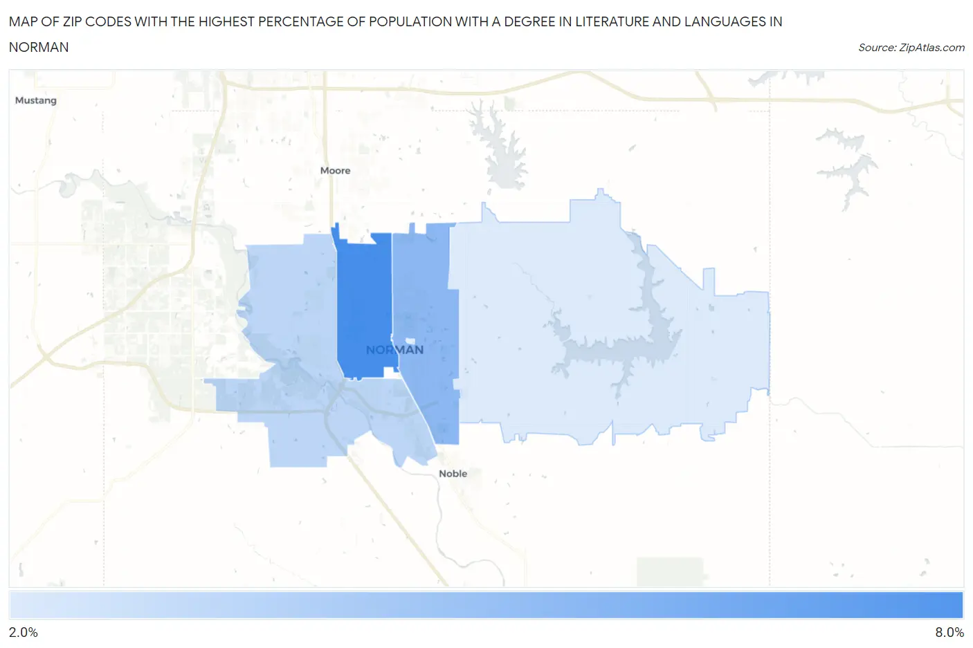 Zip Codes with the Highest Percentage of Population with a Degree in Literature and Languages in Norman Map