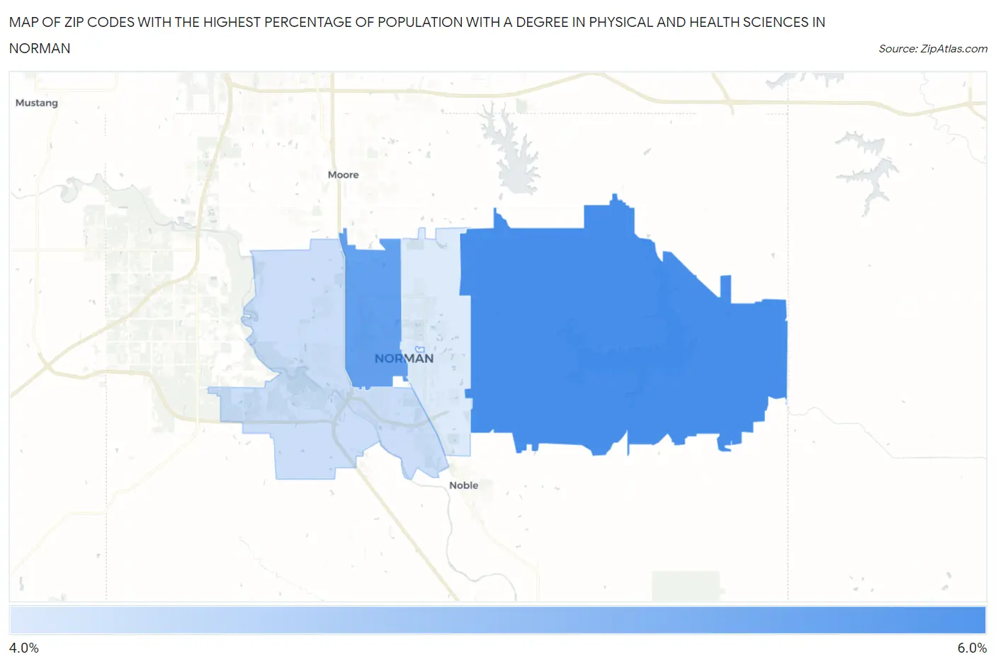 Zip Codes with the Highest Percentage of Population with a Degree in Physical and Health Sciences in Norman Map