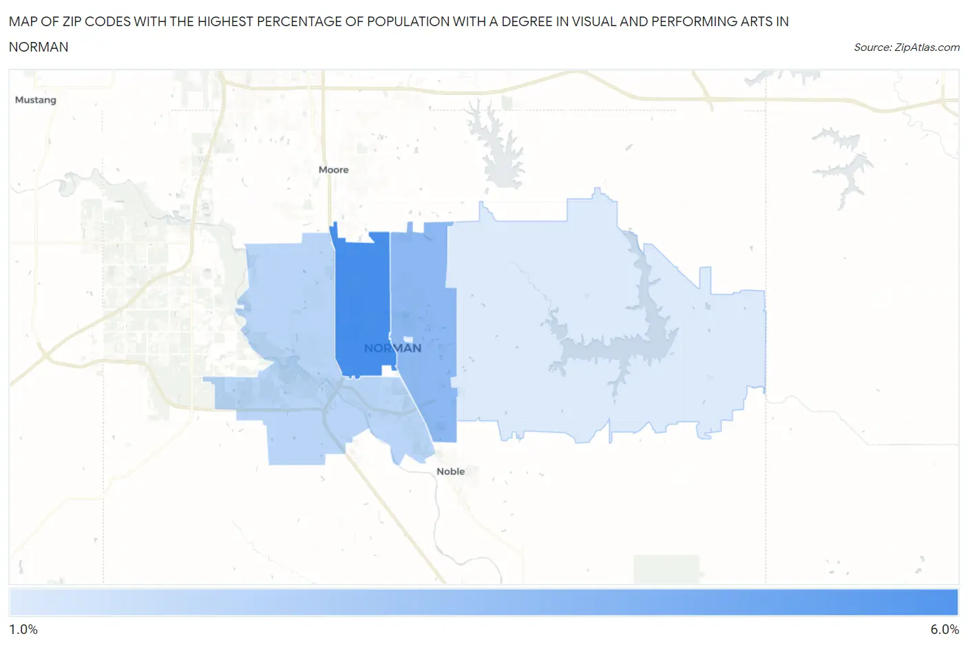 Zip Codes with the Highest Percentage of Population with a Degree in Visual and Performing Arts in Norman Map