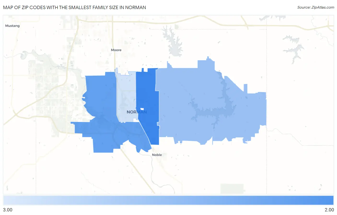 Zip Codes with the Smallest Family Size in Norman Map