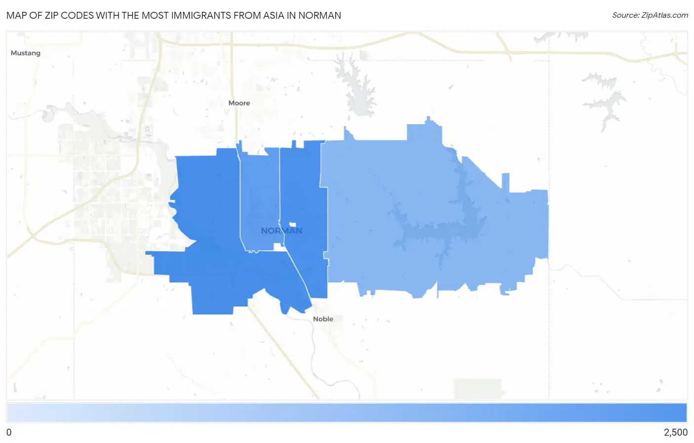 Zip Codes with the Most Immigrants from Asia in Norman Map