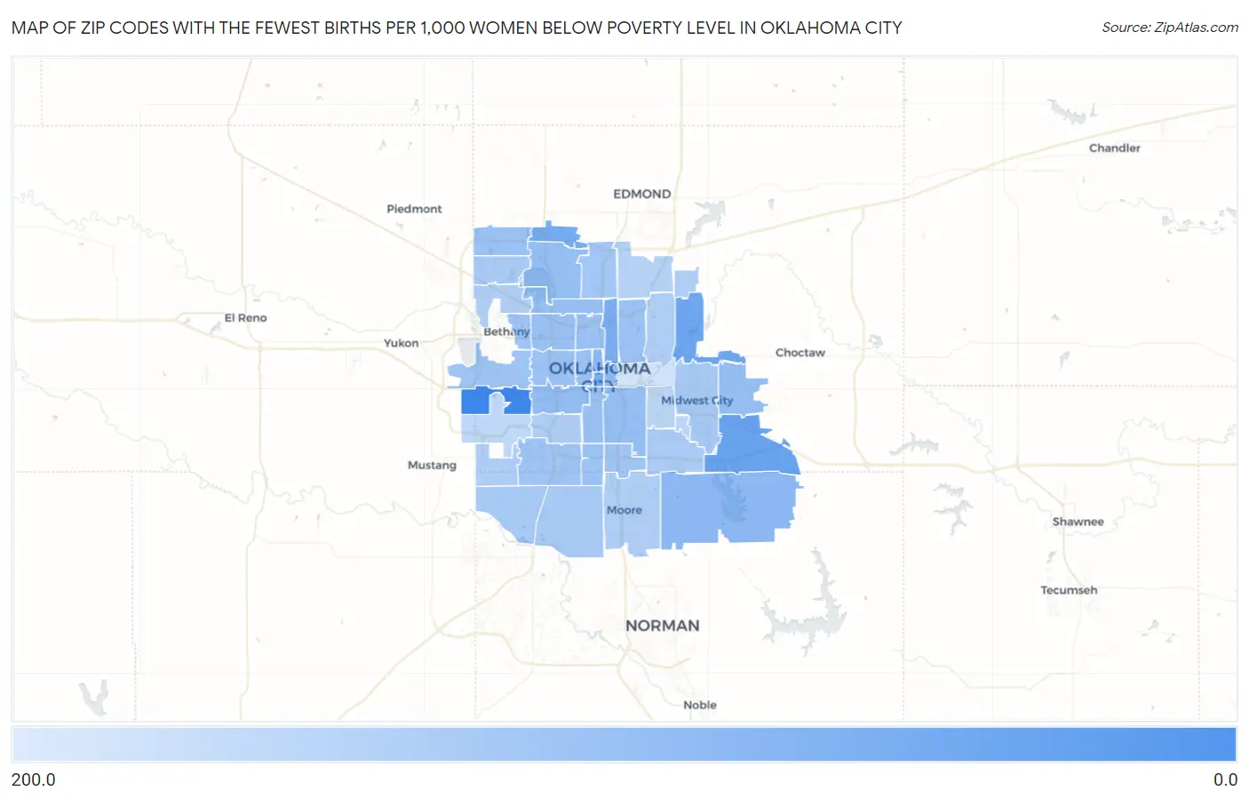 Zip Codes with the Fewest Births per 1,000 Women Below Poverty Level in Oklahoma City Map