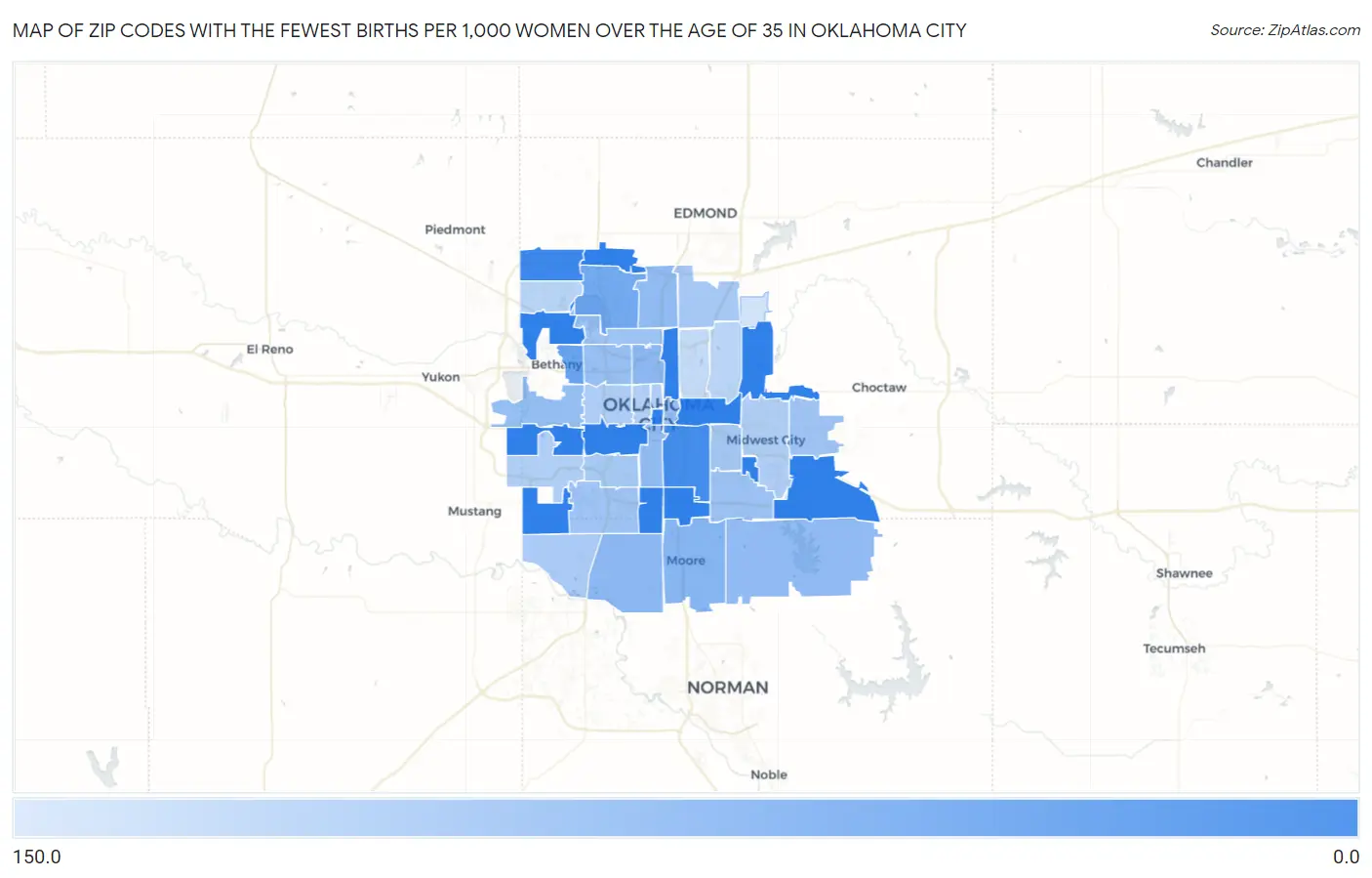 Zip Codes with the Fewest Births per 1,000 Women Over the Age of 35 in Oklahoma City Map