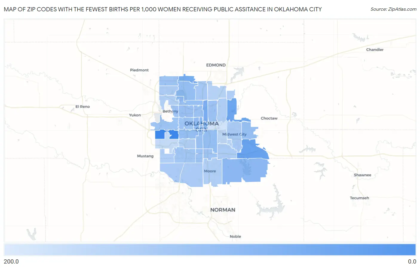 Zip Codes with the Fewest Births per 1,000 Women Receiving Public Assitance in Oklahoma City Map