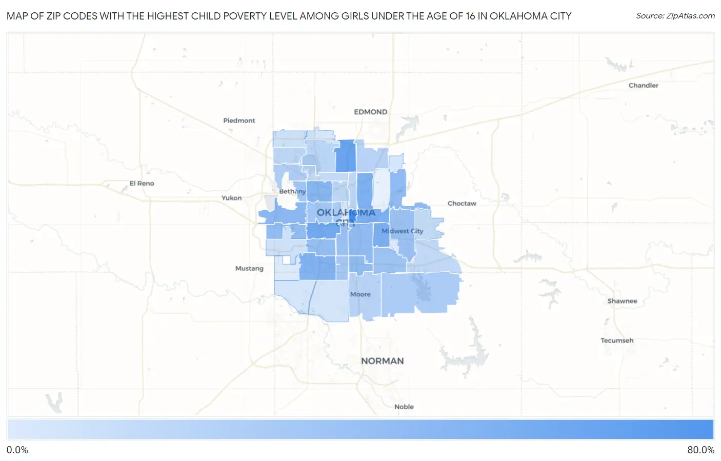 Zip Codes with the Highest Child Poverty Level Among Girls Under the Age of 16 in Oklahoma City Map