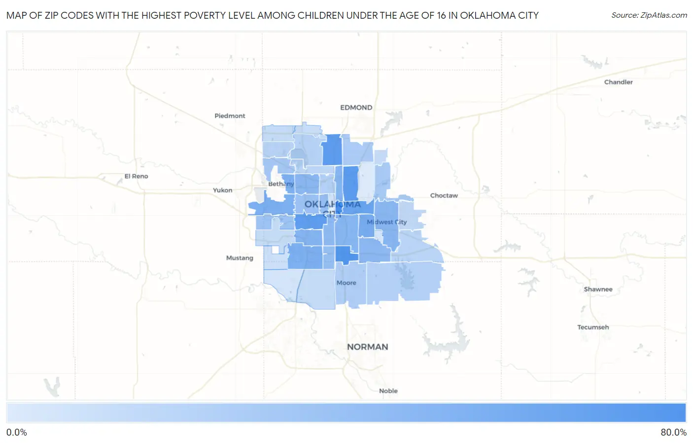 Zip Codes with the Highest Poverty Level Among Children Under the Age of 16 in Oklahoma City Map