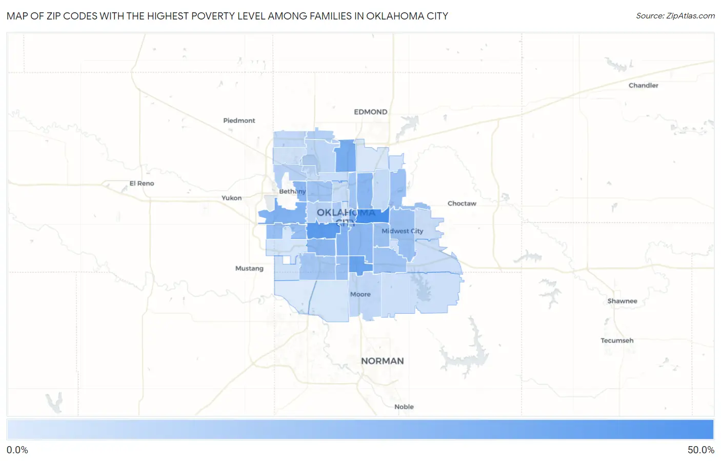 Zip Codes with the Highest Poverty Level Among Families in Oklahoma City Map