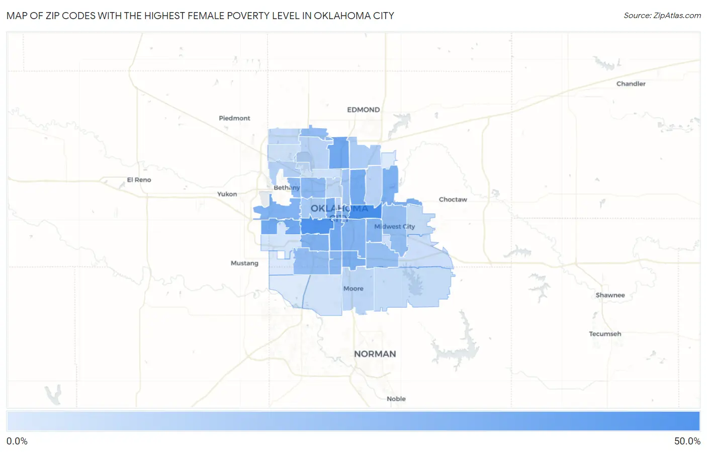 Zip Codes with the Highest Female Poverty Level in Oklahoma City Map