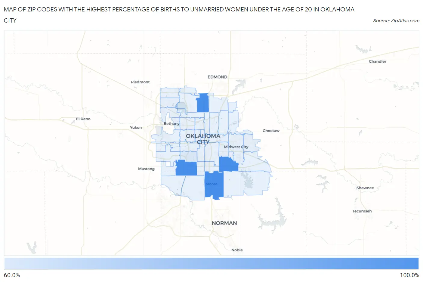 Zip Codes with the Highest Percentage of Births to Unmarried Women under the Age of 20 in Oklahoma City Map