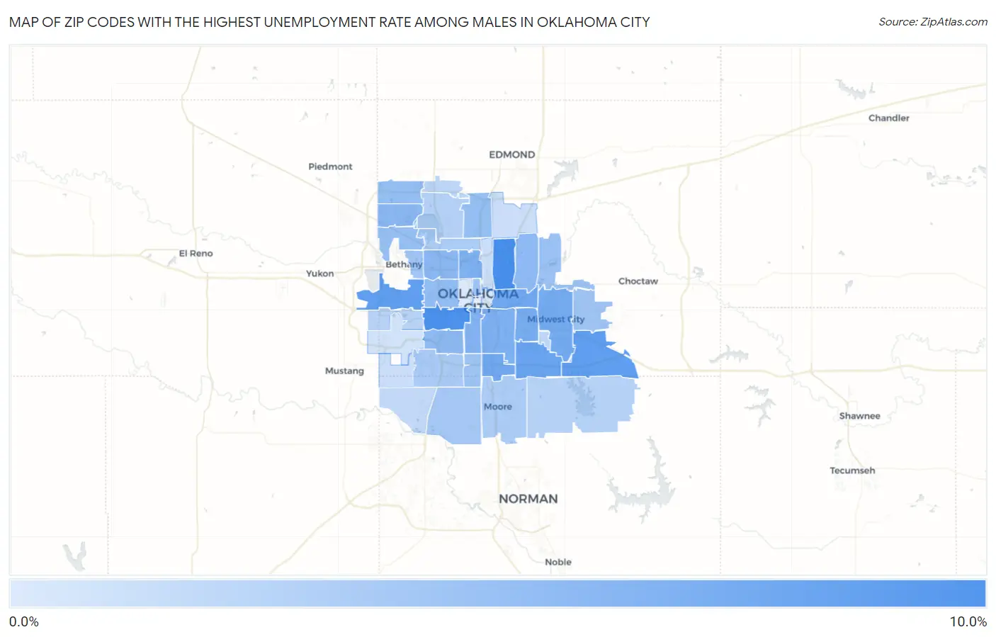 Zip Codes with the Highest Unemployment Rate Among Males in Oklahoma City Map