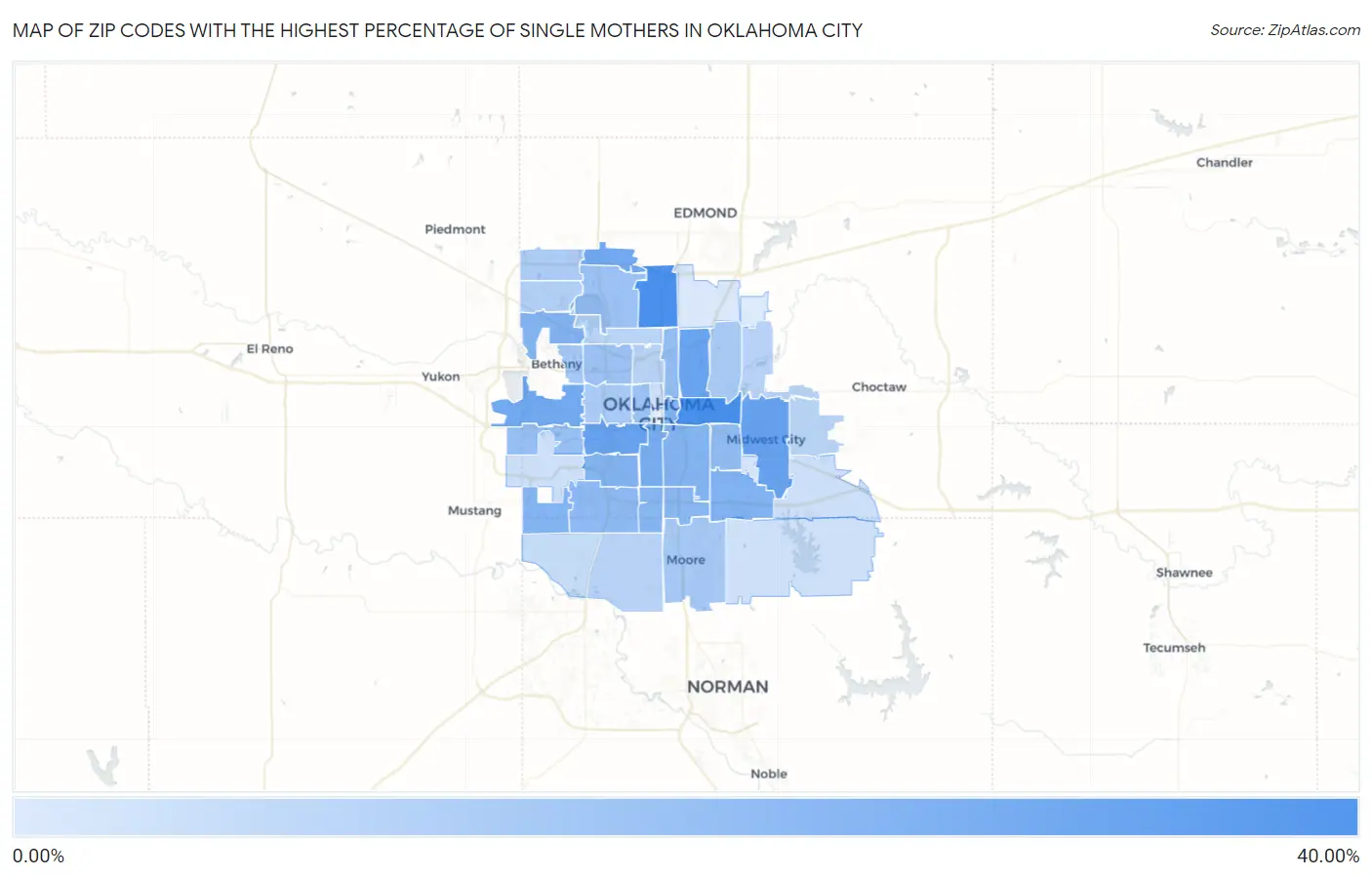 Zip Codes with the Highest Percentage of Single Mothers in Oklahoma City Map