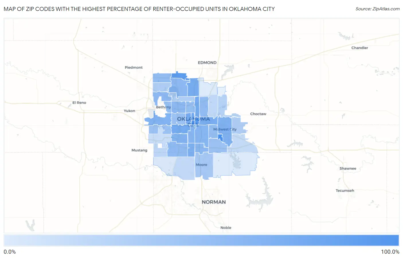 Zip Codes with the Highest Percentage of Renter-Occupied Units in Oklahoma City Map