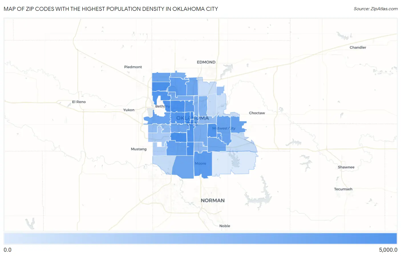 Zip Codes with the Highest Population Density in Oklahoma City Map