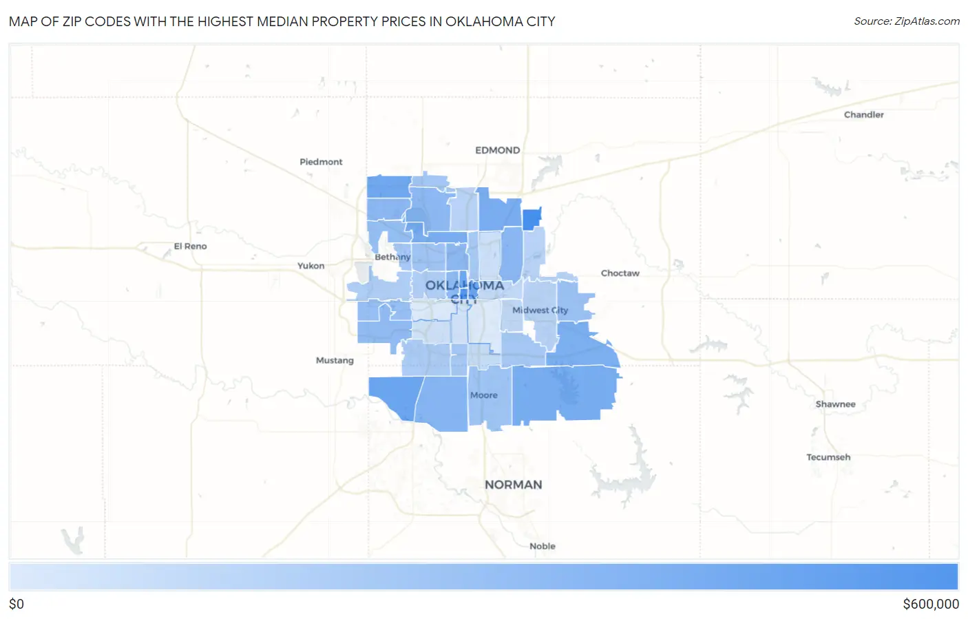 Zip Codes with the Highest Median Property Prices in Oklahoma City Map
