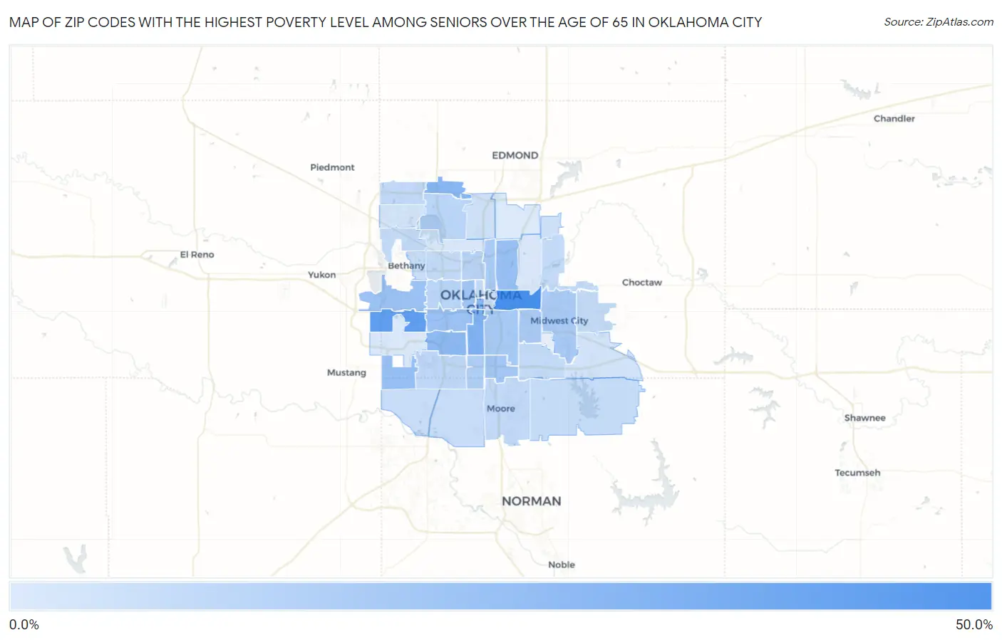 Zip Codes with the Highest Poverty Level Among Seniors Over the Age of 65 in Oklahoma City Map
