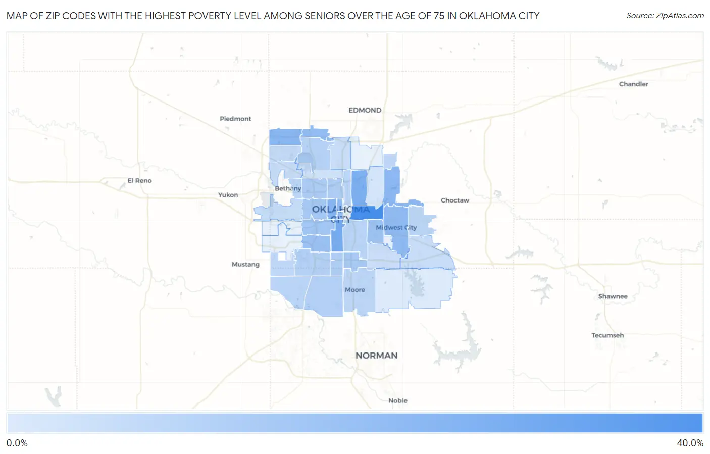 Zip Codes with the Highest Poverty Level Among Seniors Over the Age of 75 in Oklahoma City Map